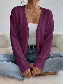 Plus Size Women's White Open Knit Cardigan, V Neck Long Sleeve Hollow Out Crochet Sweater, Casual Loose Open Front Outerwear For Spring Fall - Purple - View 2