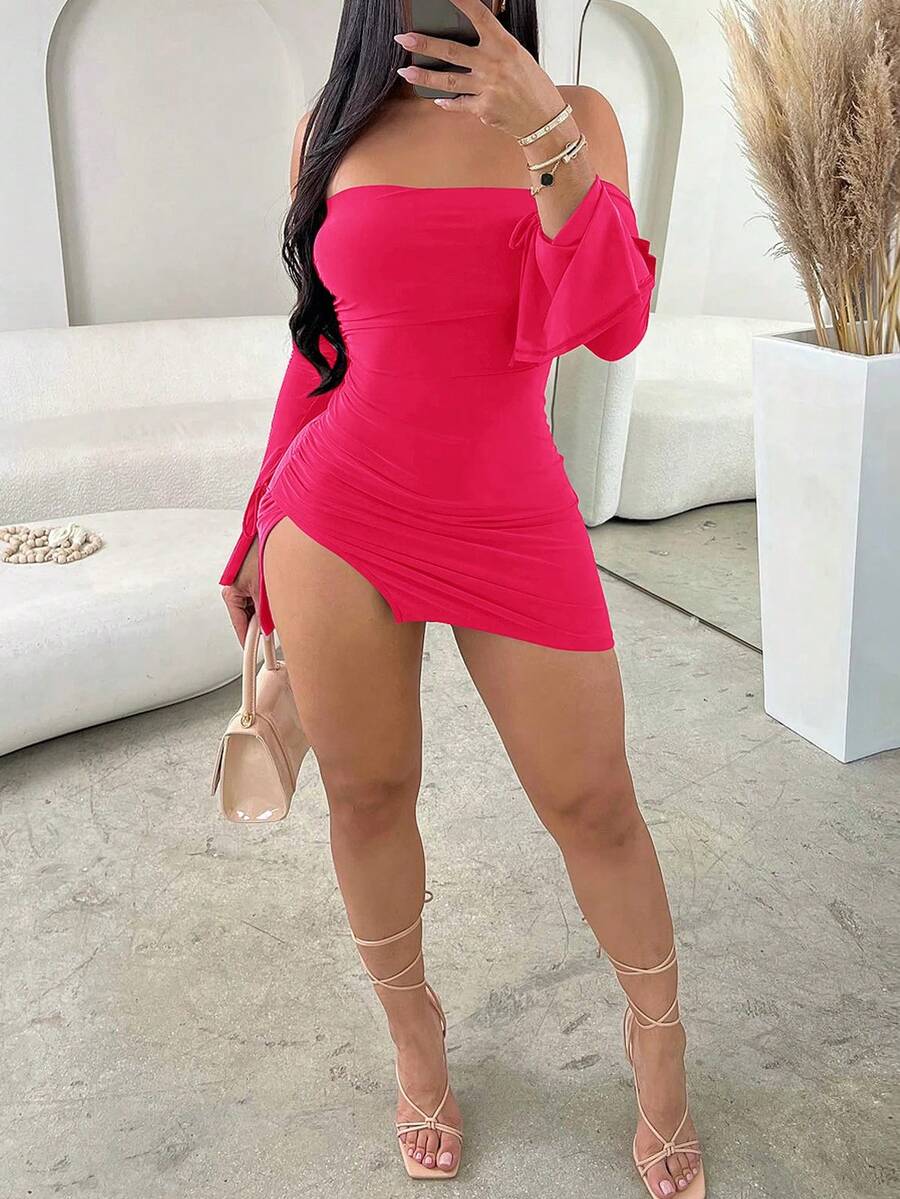 Minivestido sin tirantes y espalda descubierta para mujer, vestido negro con hombros descubiertos y manga larga, ceñido al cuerpo para fiesta y Club - Rojo - Ver 1