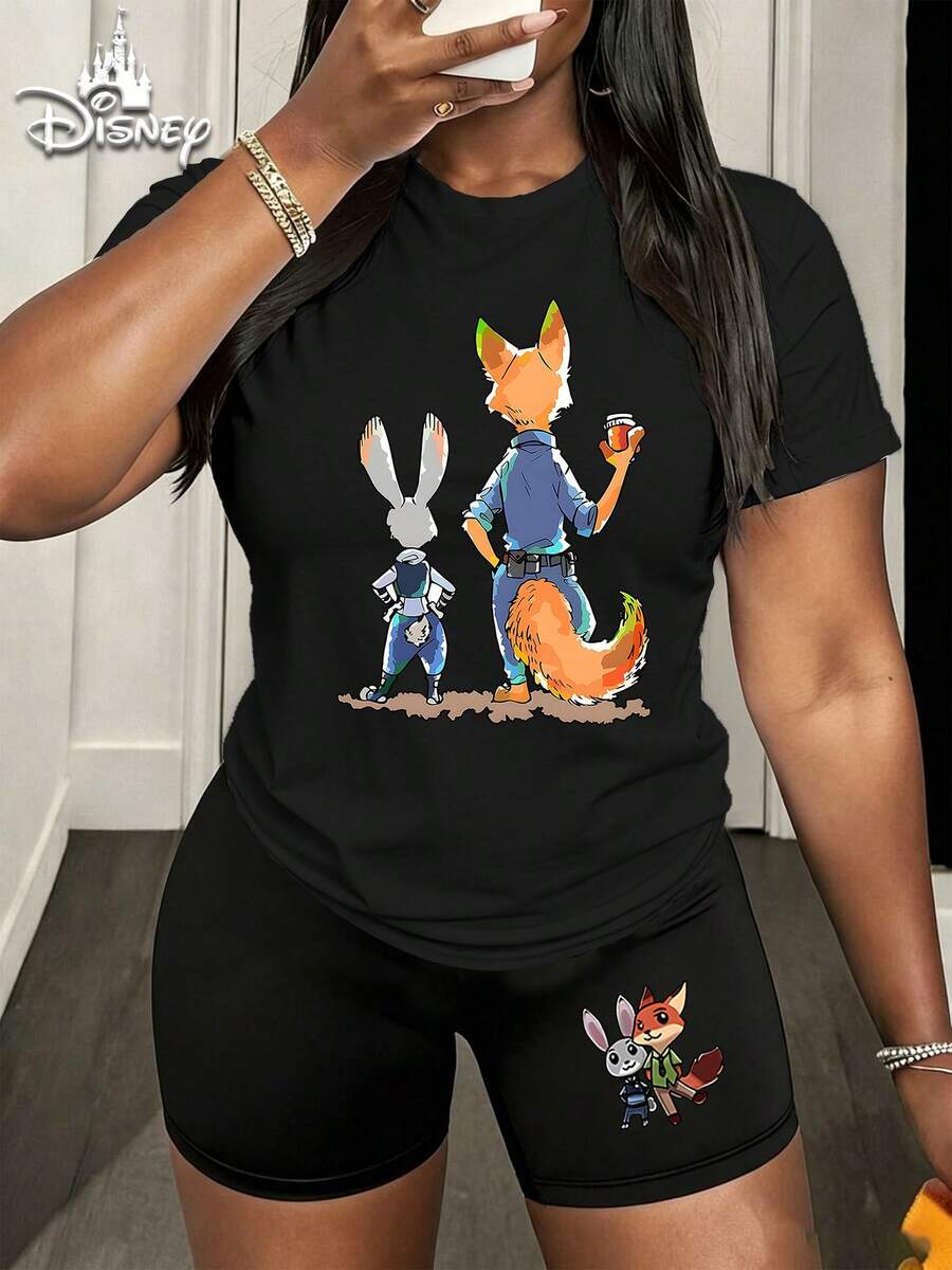 [Disney 2-Piece Casual Women's Set] Disney Zootopia Nick Cartoon Print Crew Neck Short Sleeve T-Shirt And Cycling Shorts Women's Set Combination, A Gift For Mother, Summer Street Daily Vacation Casual Home Wear - Black - View 1