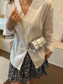 Spring/Summer Style, Simple And Practical Design, High-Quality Material. Decorated With Rhinestone Embroidery Gold Bead Chain Shoulder Strap, Can Be Worn On Shoulder Or Underarm, A Very Suitable Mini Lipstick Bag To Carry. - Silver - View 3