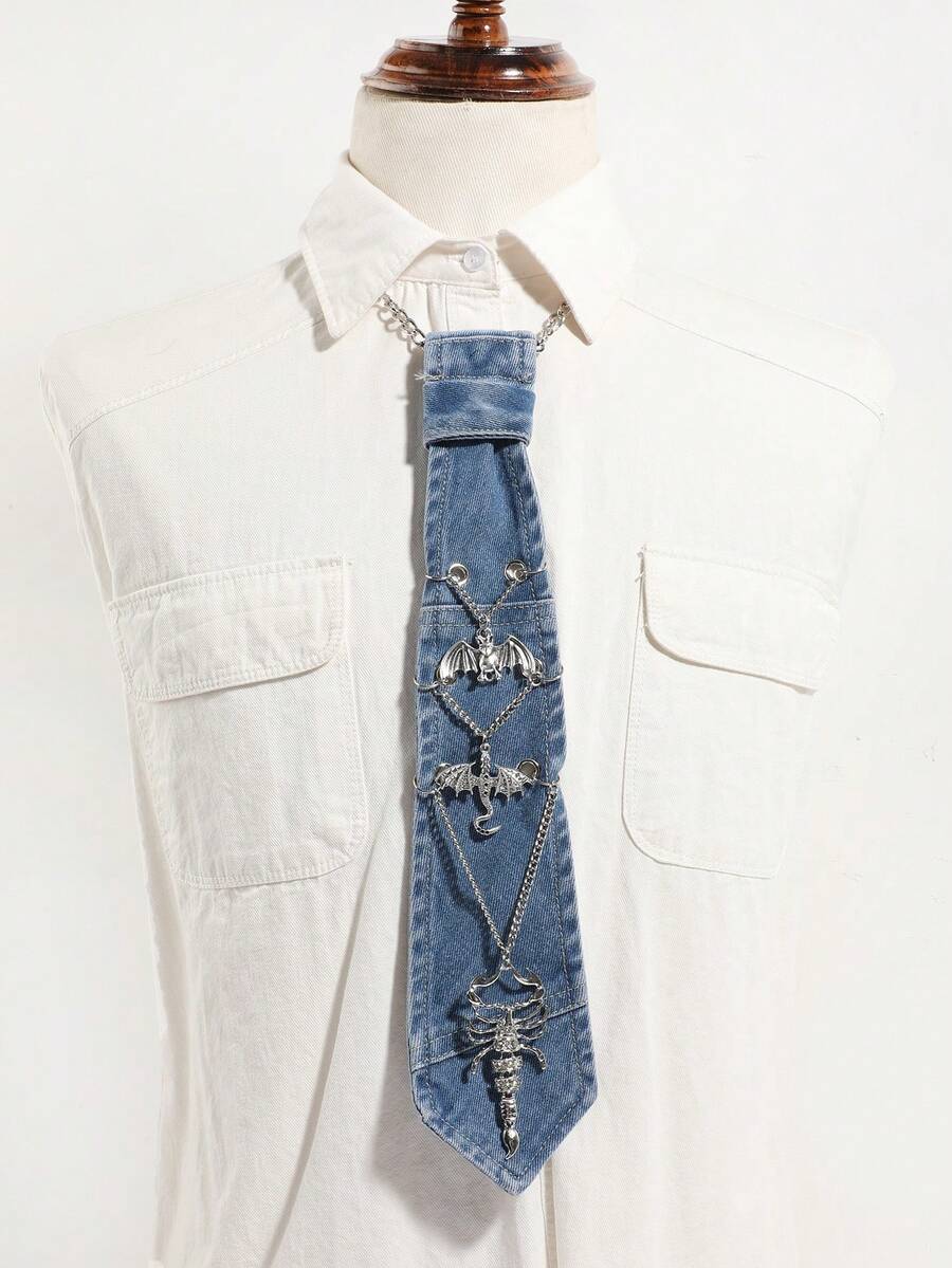 1pc Men's Fashion Punk Style Scorpion & Dragon Decor Cross Chain Denim Bolo Tie, Suitable For Casual Party Outfit - Multicolor - View 1