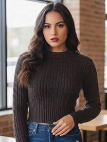 Women's Cropped Textured Knit Long Sleeve Ribbed Knit Top - Autumn/Winter Fashion - Café marrón - Ver 1