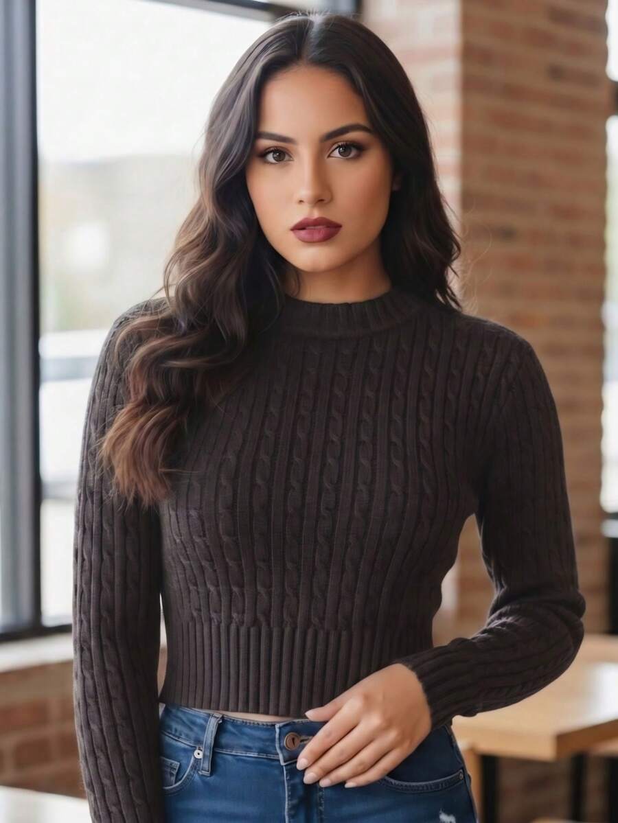 Women's Cropped Textured Knit Long Sleeve Ribbed Knit Top - Autumn/Winter Fashion - Café marrón - Ver 1