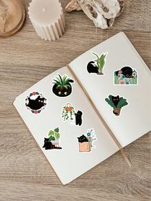 60张可爱猫咪植物卡通贴纸，防水黑猫贴纸，适用于水瓶、笔记本电脑、滑板等，黑猫贴纸装饰，青少年礼物 - 小黑貓 - 查看 5