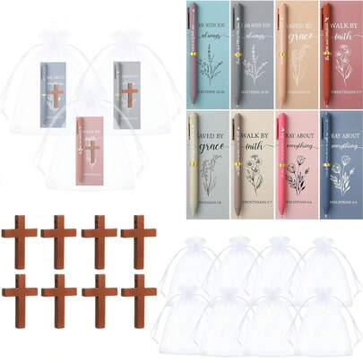 16pcs Christian Jesus Cross & Bible Verse Ballpoint Pens Set, With Inspirational Cards And Mesh Bags, Christian Prayer Supplies, Religious Memorabilia Gift Set, Church Supplies, Easter Gifts, Office Desk Accessories, Office & School Supplies