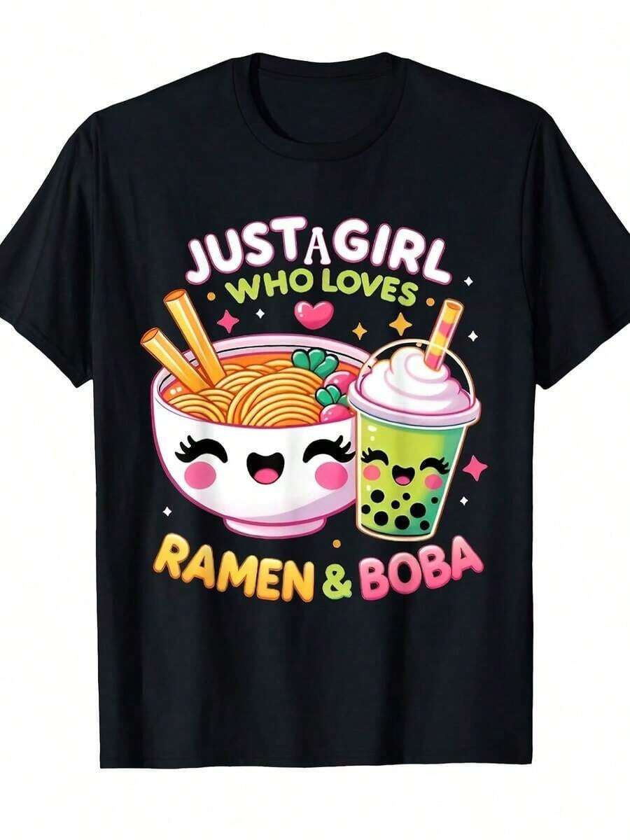 1 camiseta unisex con diseño gráfico divertido de comida "Just A Who Loves Ramen & Boba", diseño lindo y kawaii para hombres y mujeres, REGALO para vacaciones, regalo de San Valentín, 180g, 100% algodón. - Negro - Ver 1