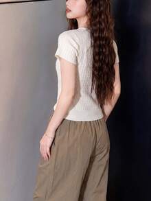 Alicedudu Blusa de punto de manga corta de unicolor, cuello redondo, versátil y casual para uso diario en verano - Beis - Ver 2