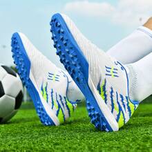 Men's Black & Gold Tiger Print TF/AG Football/Soccer Shoes, Non-Slip Training Cleats For Indoor & Outdoor Grass Field - White and Blue Studded Design - View 7