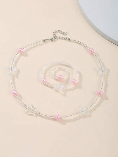 3pcs/Set Girls' Seed Bead & Pearl Butterfly Beaded Necklace, Bracelet, Ring Set, Suitable For Daily Decoration