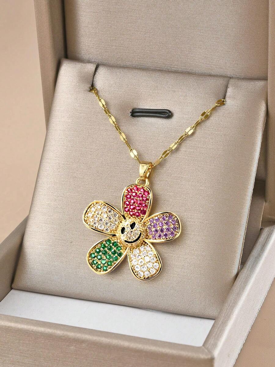 1 pieza Collar de acero inoxidable con flor de circonita cúbica colorida para mujeres, collar dorado, joyería dorada, para verano, playa, vacaciones, dije, joyería occidental, regalo para ella, regalo de cumpleaños - Amarillo Oro - Ver 1