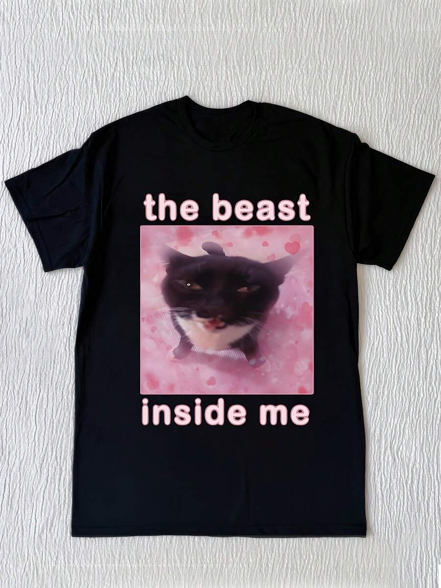 100% Cotton Women's T-Shirts 2026 - Women's Cat And Puppy Print T-Shirt - Soft, Casual Round Neck, With Cute Feline Designs, Semi-Stretch Fabric Suitable For Everyday Wear, Machine Washable, Korean Style Cat Lover Clothing. - Black - View 1