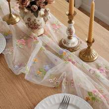 1pc French Retro Floral Embroidered Lace Table Runner, Chiffon Ruched Fabric Dessert Table Decor, Wedding Birthday Atmosphere Tablecloth - Multicolor - View 5