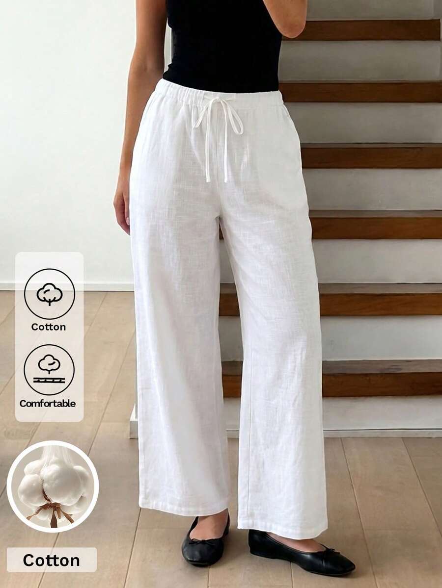 Unadoll Women's Summer Casual White Linen Wide-Leg Pants, Drawstring Elastic Waist Loose Trousers Suitable For Vacation And Daily Wear Spring - White - View 1