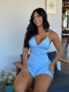 Women's Tailored Jumpsuit With Spaghetti Straps, Padded Cups, And Back Tie – Elegant And Comfortable - Màu xanh nhạt - Xem 8