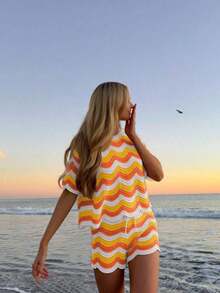 Conjunto de 2 piezas de top de manga corta de ganchillo hueco y pantalones cortos casuales de estilo europeo y americano para mujer, ideal para vacaciones y verano en la playa - Multicolor 5 - Ver 3