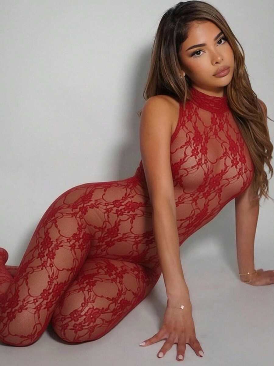 Women's Lace Bodysuit Ruffled Collar Sleeveless Backless Sheer Fitted Jumpsuit Summer - Red - View 1