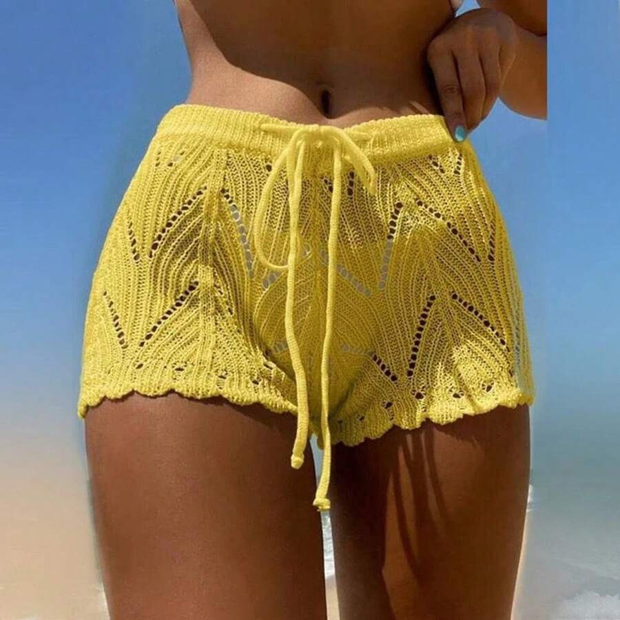 Pantalones cortos de playa para mujer, pantalones cortos de Bikini holgados de cintura alta con cordón de encaje de punto calado, cintura elástica, suaves y transpirables - Amarillo - Ver 1