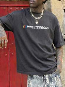 FRACTYR Men's Summer Casual Streetwear | "90s BABY" Racing Graphic Black T-Shirt | Must-Have Retro Streetstyle Piece | Round Neck Short Sleeve Top - Dark Grey - View 3