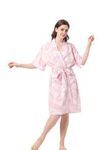 1件女款印花浴袍晨袍居家服休閒夏季禮物 - 粉紅葉睡袍 - 查看 5