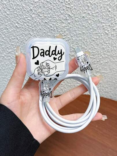 3pcs/Set Data Cable Charger Protector Case, Letter & Heart & Hand Gesture Pattern, Suitable For 20W UK Standard Apple Fast Charger