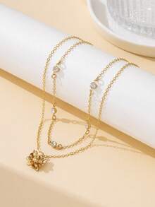 1pc Elegant Luxury French Style Dazzling Lifelike Floral Ball Pendant Multilayer Necklace For Women - Yellow Gold - View 2