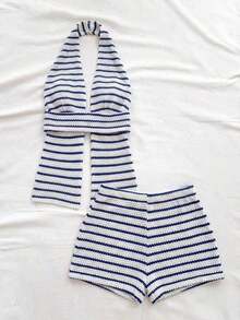 Conjunto de dos piezas para mujer color azul cielo sólido, top halter con espalda descubierta y shorts con abertura lateral, textura arrugada, estilo sexy y fresco, ideal para verano, playa, vacaciones, piscina y salidas casuales - Azul y blanco - Ver 4