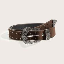 1 pieza Cinturón de cuero con textura de leche y hebilla de estilo vaquero occidental para mujer, adecuado para uso diario - Marrón - Ver 5