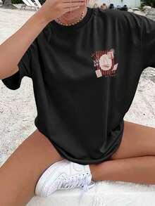 Summer Tops: Women's Spring/Summer Casual Beach T-Shirt With Double-Sided Print, Vintage Style With Sailboat And Anchor Motif And The Print "SAIL AWAY Bon Voyage", Round Neck, Short Sleeves, Pure Oversized T-Shirt With Dropped Shoulders, Chu Kcotton T-Shirt, Summer Outfit. - Black - View 2