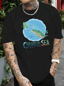Sommer-Tops: Herren-T-Shirt mit Karibik-Meerkarten-Print – Kurzarm-Design mit tropischen Inseln und Kreuzfahrtschiffen sowie Karibik-Meer-Schriftzug, atmungsaktives Rundhals-Freizeit-Sommer-Strandoutfit, Bahamas-Jamaika-Reise-Themen-Outfit, Baumwoll-T-Shirt, Sommer-Outfit - Schwarz - Übersicht 5