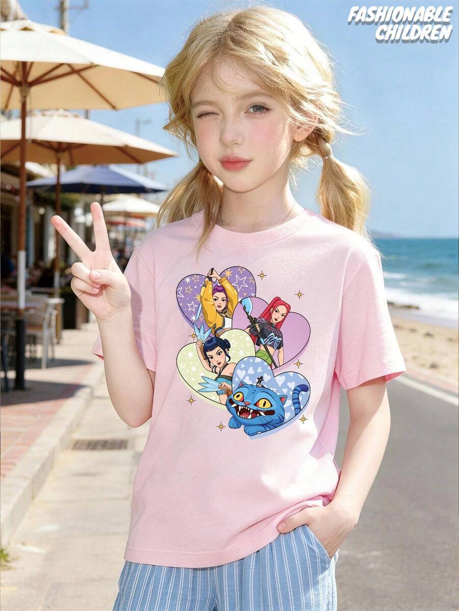 Mattel K-POP Demon H Unter Pattern 100% Cotton Girls T-Shirt Summer New Arrival Casual Outing Sport Comfortable Skin-Friendly Breathable Fashion Versatile Single Wear Or Layering Round Neck Short Sleeve Best Gift For Girls - Hồng - Xem 1