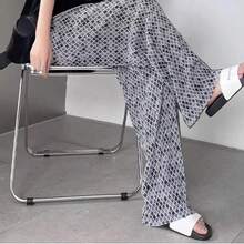 Pantalones de verano finos de seda helada de cintura alta y pierna ancha para mujer, estilo coreano teñido, elegantes y casua... - Negro [pantalones arrugados] sin bolsillos - Ver 6