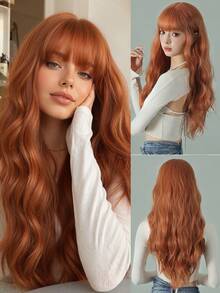 26 Inch Orange-Red Wavy Curly Hair Women's Wig, With Soft Bangs, Fluffy Soft Heat-Resistant Synthetic Fiber Long Wig, Natural And Beautiful, Suitable For Daily And Party Use - Burnt Orange - View 8