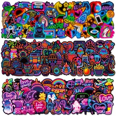 150 peças Adesivos de Estilo Neon Únicos como Coquetel Tropical, Fantasma, Rosa, Coração, Relâmpago, Carro com Prancha de Surfe, Símbolo de Música, Estrela, Borboleta, Palavra "AMOR", Frase Motivacional, Nuvem com Arco-íris, Planeta, Decalques Estéticos - Adequado para Decorar Laptops, Celulares, Guitarras, Garrafas de Água, Carros, Bicicletas, Bagagem, Álbuns de Recortes, Instrumentos Musicais - Perfeito para Brindes de Festa, Recompensas e Presentes de Feriado