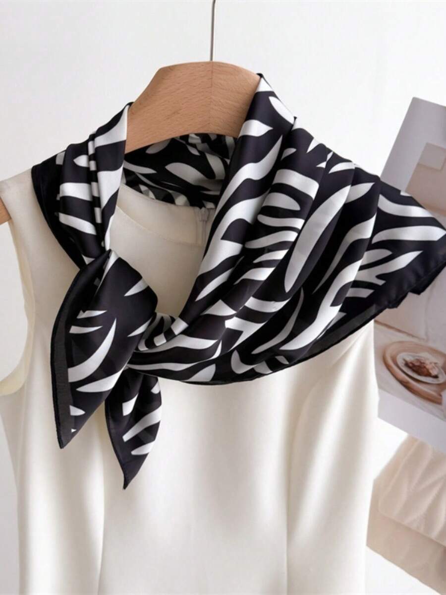 1pc Luxury Brand Leopard Print Silk Feel Scarf, Versatile Decorative Small Neckerchief For Women - Black - View 1