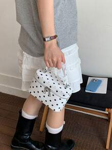 夏季新款PU波点装饰迷你拉链手提包、化妆包、方形包、小众时尚水桶包、盒形包、多功能单肩斜挎包（女士款） - 白色 - 查看 5
