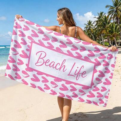 1pc Pink Heart "Beach Life" Printed Ultra-Soft Microfiber Beach Towel, Available In Multiple Sizes, Lightweight Beach Blanket, Suitable For Swimming, Camping, Sports, Beach Or Gym, Beach Accessories | Modern Beach Towel | Durable Beach Mat, Beach Towel