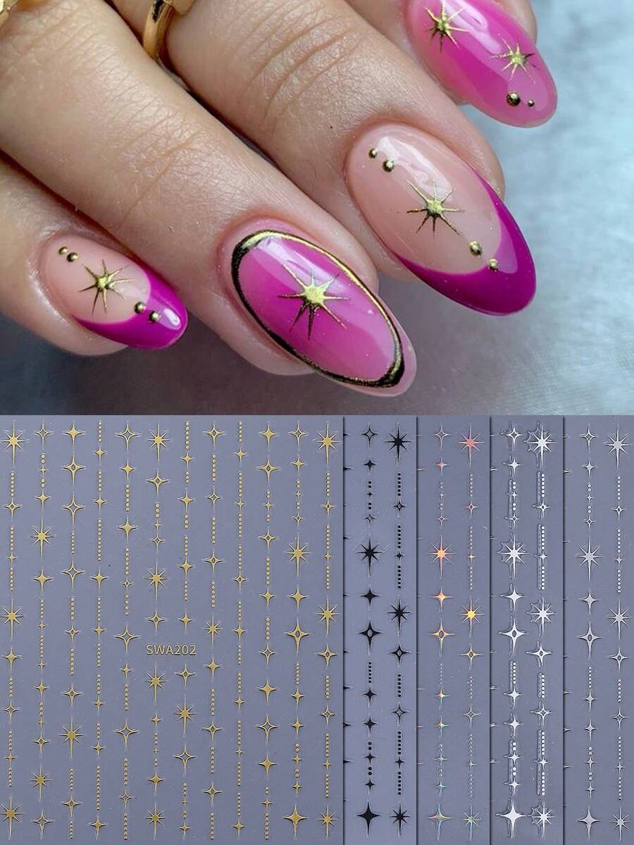 5张3D星形美甲贴纸,多色流星爆裂线条图案,金属光泽闪亮星空自粘美甲贴纸,DIY美甲装饰,女士美甲用品 - 彩色 - 查看 1