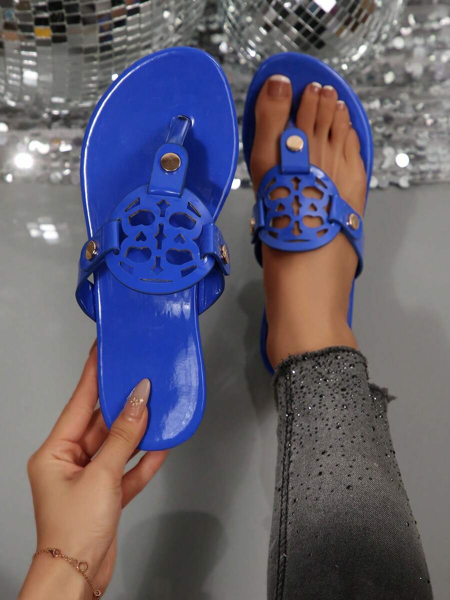 Women's Round Metal Decor Flat Toe Ring Sandals, Summer Holiday Style Fashion Flat Slippers, Comfortable Flat Beach Sandals - Blue - View 1
