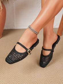 Giày Mule xỏ chân phong cách Bohemian 2026 mới, đan rỗng thoáng khí, giày búp bê đế bệt, giày mùa hè, giày đục lỗ thời trang thường ngày thoải mái thanh lịch, nhẹ - màu đen - Xem 5