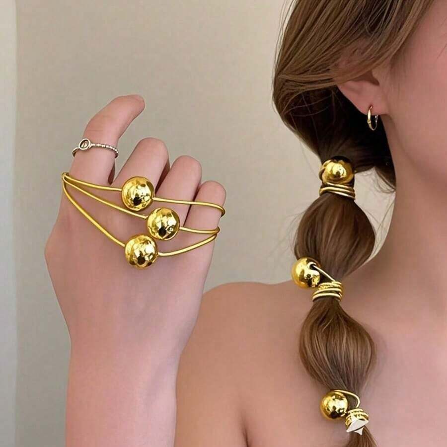 4pcs/Set Metallic Gold & Silver High Elasticity Hair Ties, Minimalist Elegant Korean Style Hair Bands, Graceful Ball Decor Hair Accessories, Princess Style Daily Wear For Women