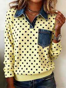 Women's Daisy Print Patchwork Sweatshirt Polo Collar Ribbed Texture Casual Long Sleeve Top - Pink - View 3