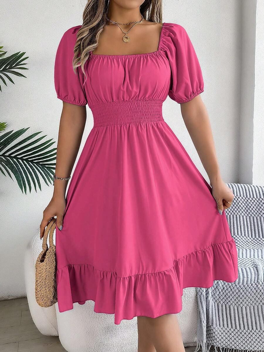 Women's Square Neck Ruffle A-Line Dress Short Sleeve Waist Cinched Casual Summer Midi Dress - Rose Red - View 1