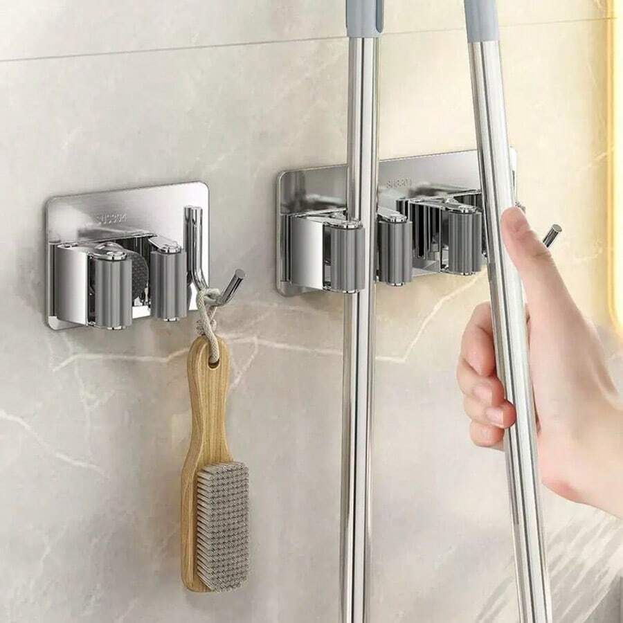 Clips organizadores de fregona montados en la pared, soporte autoadhesivo para fregona de baño, ganchos para estante, abrazadera de Clip de fregona de acero inoxidable, 1/2 Uds. - Multicolor - Ver 1
