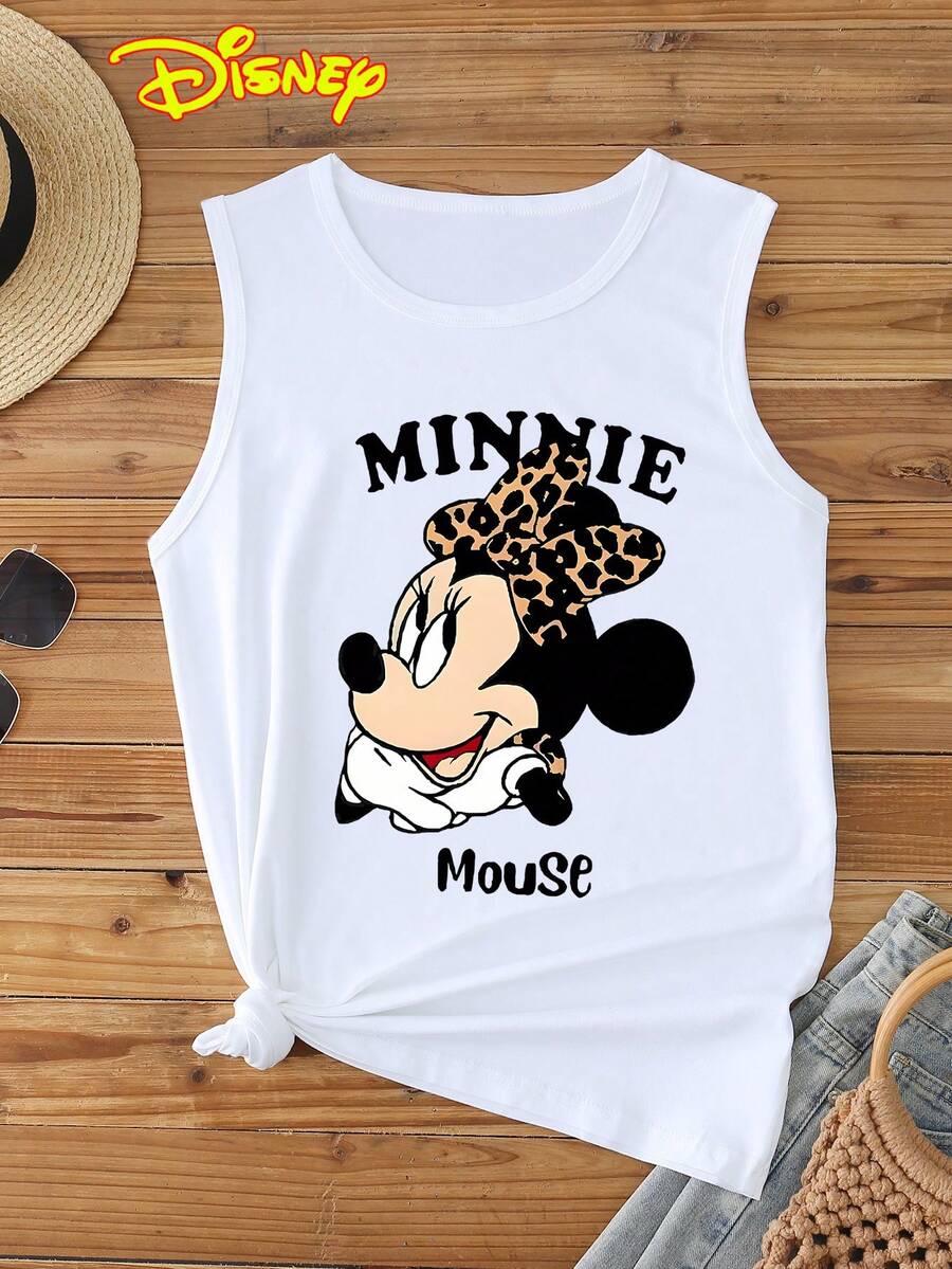Disney 1pc Women's Cartoon Minnie Mouse Print Tank Top, Round Neck, Stretchy, Suitable For Daily Wear, Easy Care Material, Fashionable Casual Ladies Tank Top - White - View 1