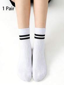 12 Pairs/Set Striped Unisex Socks, Size 10-13, Black And White Color, Mid-Calf Length, Fall - White - View 8