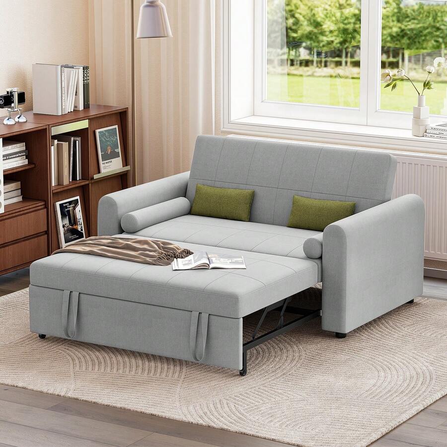 Jooli H 2 Seater Sofa Bed, 3-In-1 Convertible Fabric Pull Out Sleeper Sofa With 3-Position Adjustable Backrest, Side Pockets For Living Room, Guest Room, Light Grey