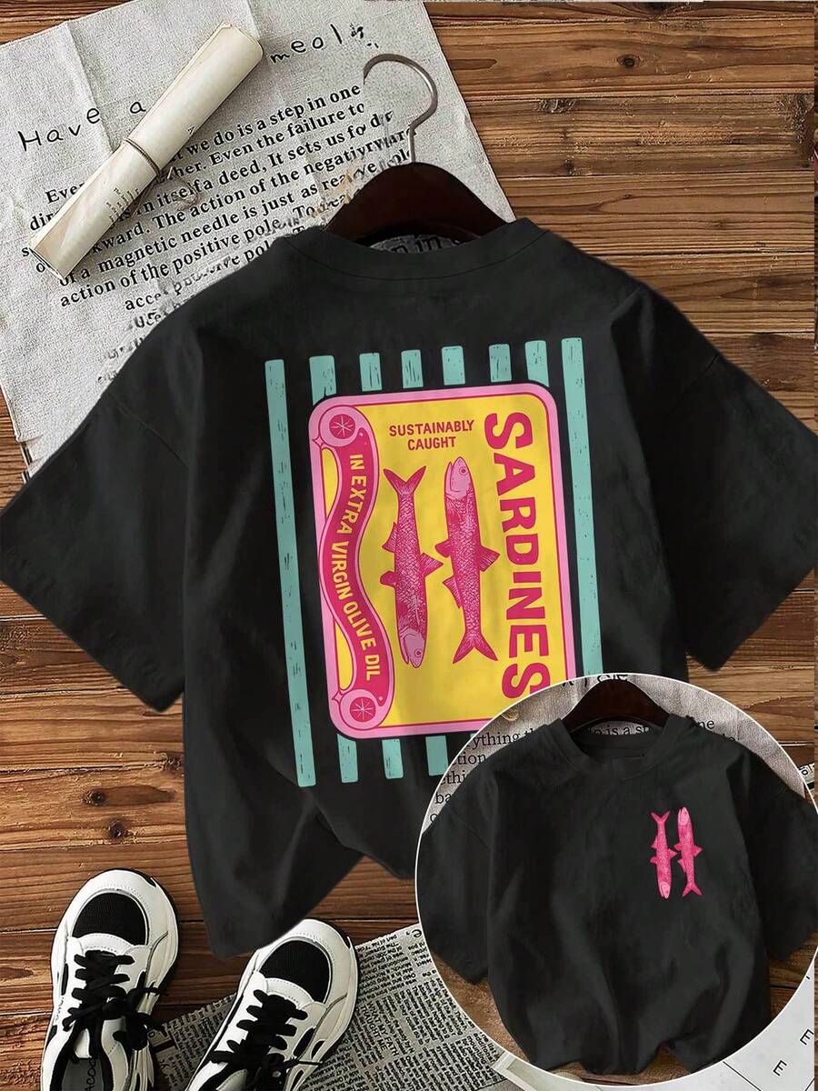 [Double-Sided Print] Spring-Summer Fashion Casual Women's Retro-Style Top With Sardine Pattern And "Sardine" Text. Round Neck Short-Sleeved T-Shirt. - Black - View 1