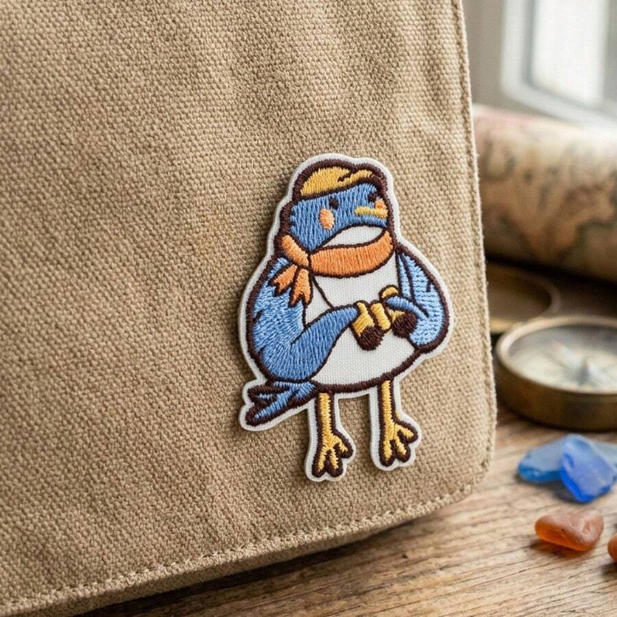1pc Cute Blue Bird Embroidered Patch, Cartoon Bird With Scarf And Hat Badge, Healing Animal Iron-On Applique, Suitable For Jacket, Bag, DIY Clothing Decoration - Multicolor - View 1