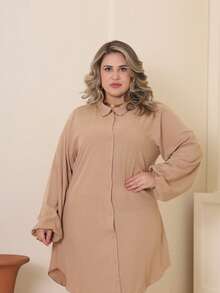 Plus Size Viscose Shirt Dress, Elegant, Lightweight, All Curve - 裸體 - 查看 5