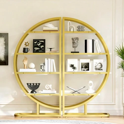 120*30*130 Cm Round Arched Freestanding Shelf – 2-Piece Metal Bookcase With Gold Frame & 4 White MDF Shelves, Modular Semicircular Shelf For Living Room, Kitchen & Decoration--Display Case, Shelf, Bookcases - one-size - View 1